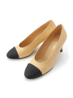 Chanel Leather Fabric CC Logo Heels Pumps Shoes Beige Black